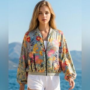 Zara Floral Bomber Jacket in Sage with Pink & Yellow Accents